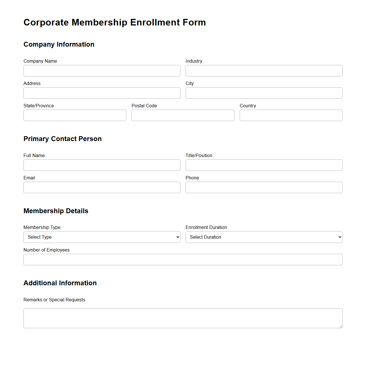 Corporate Membership Enrollment Form Template