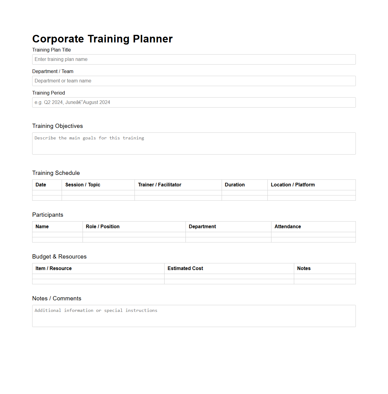 Corporate Training Planner Template