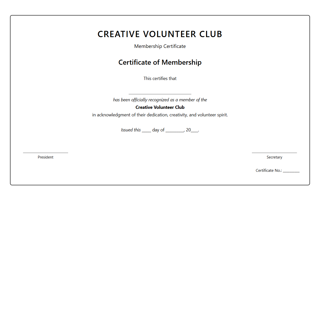 Creative Volunteer Club Membership Certificate