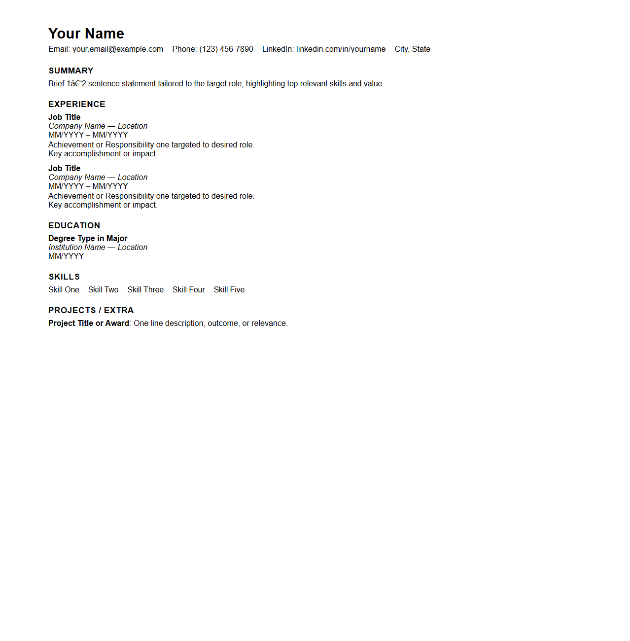 Crisp One-Page Resume Form for Targeted Submissions
