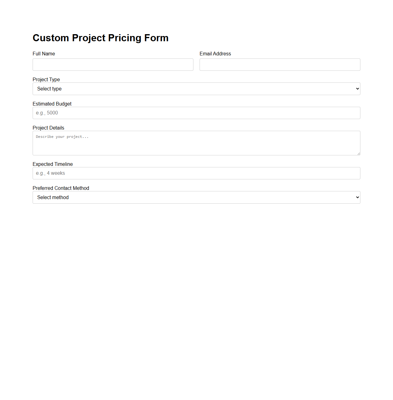 Custom Project Pricing Form