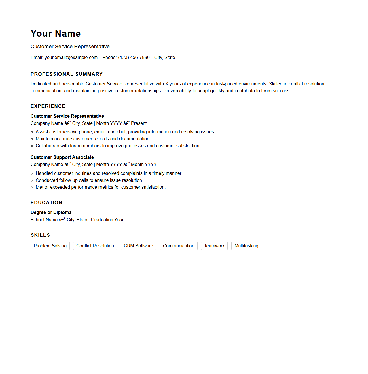 Customer Service Representative Resume Template