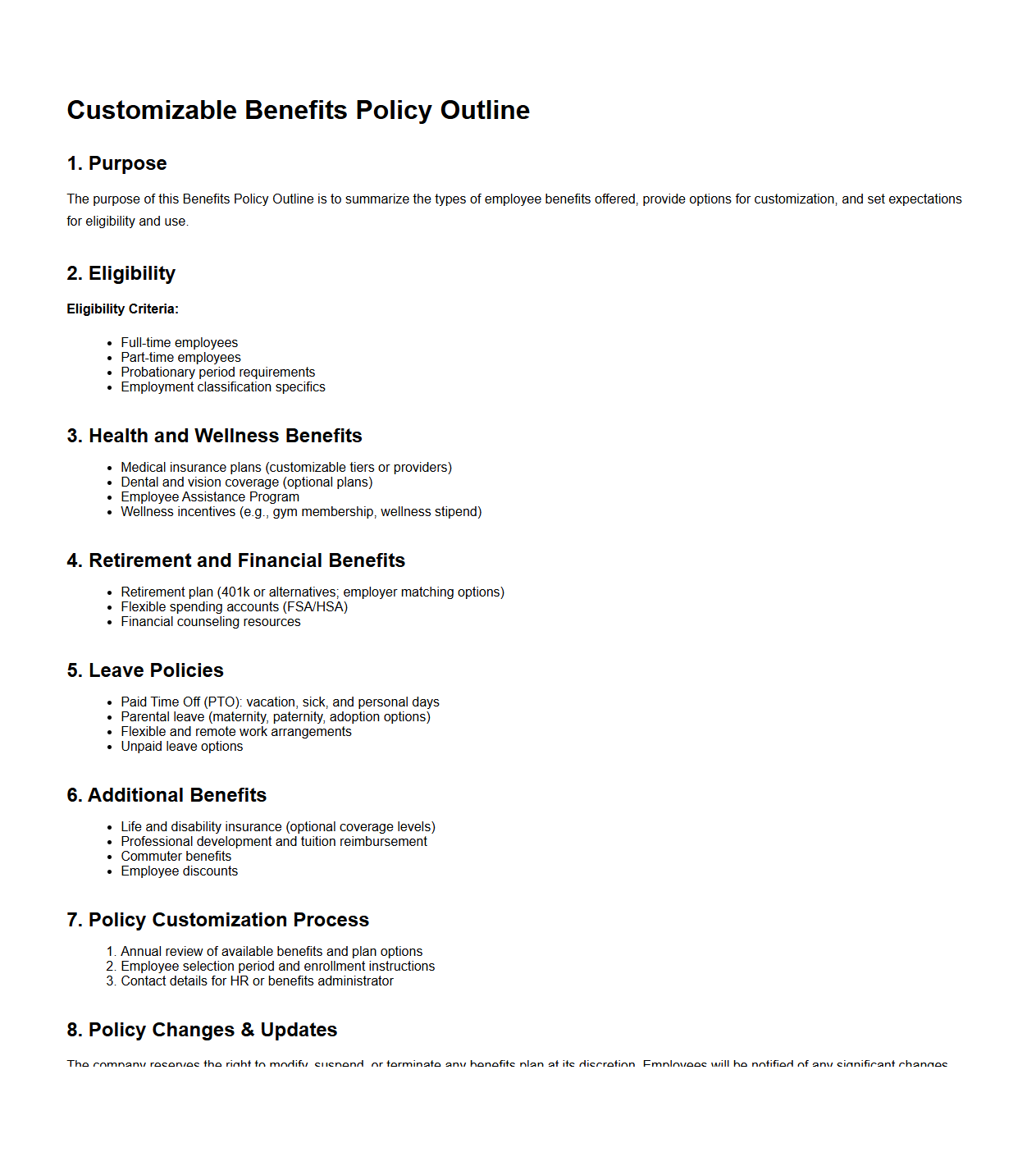 Customizable Benefits Policy Outline for Employees
