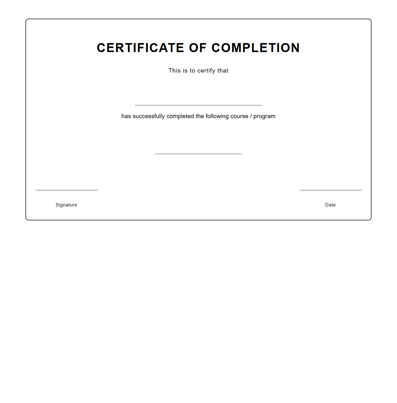 Customizable Blank Certificate of Completion Sheet