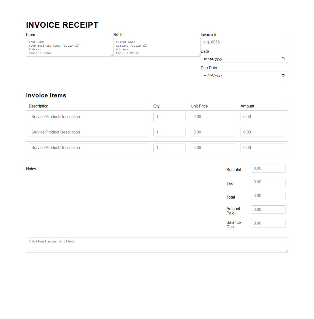 Customizable Blank Invoice Receipt Template for Freelancers