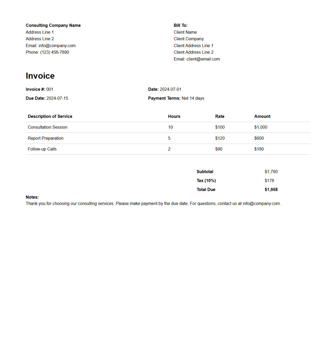 Customizable Consulting Invoice Template for Service Providers