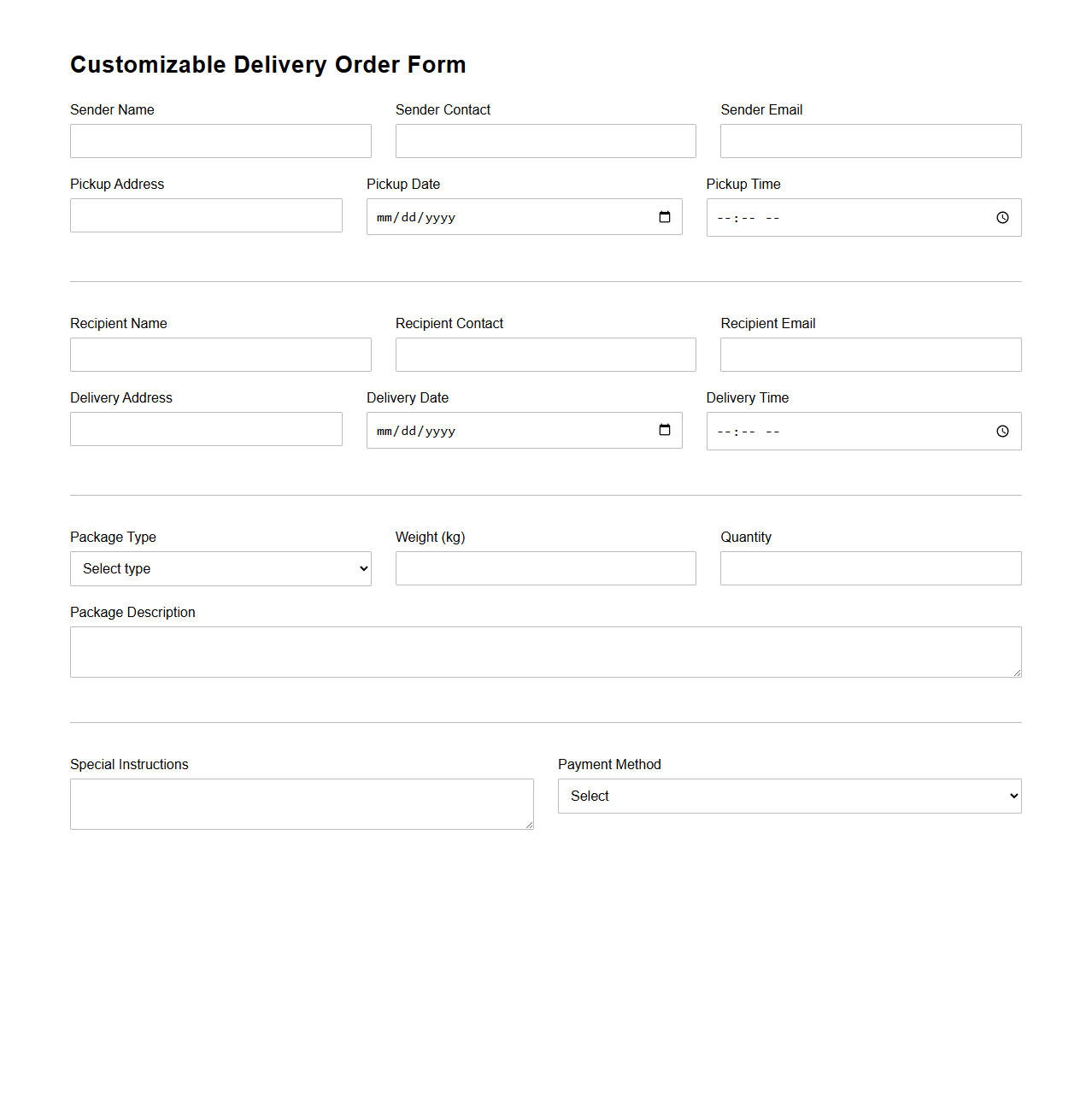Customizable Delivery Order Form for Couriers