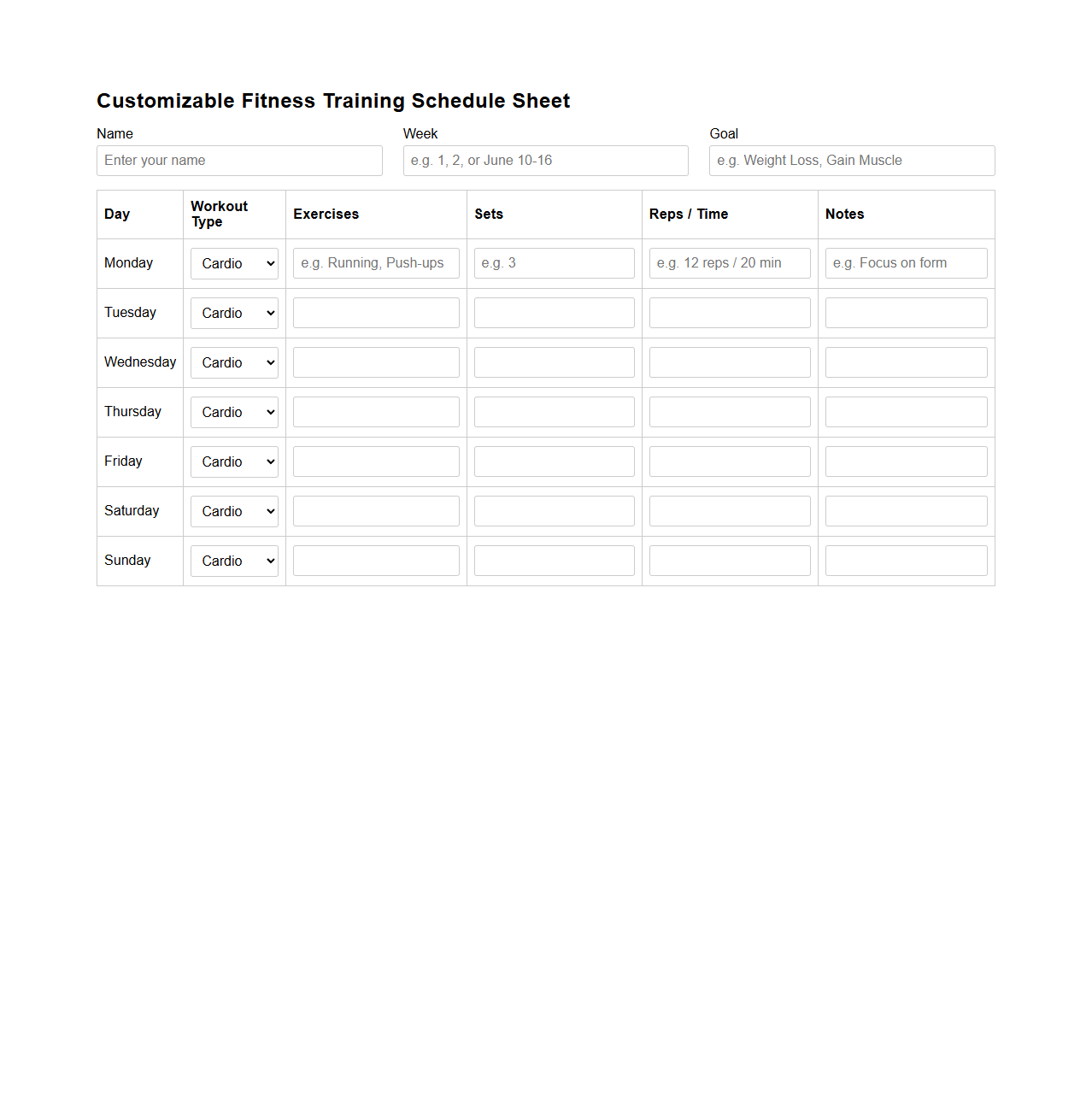 Customizable Fitness Training Schedule Sheet