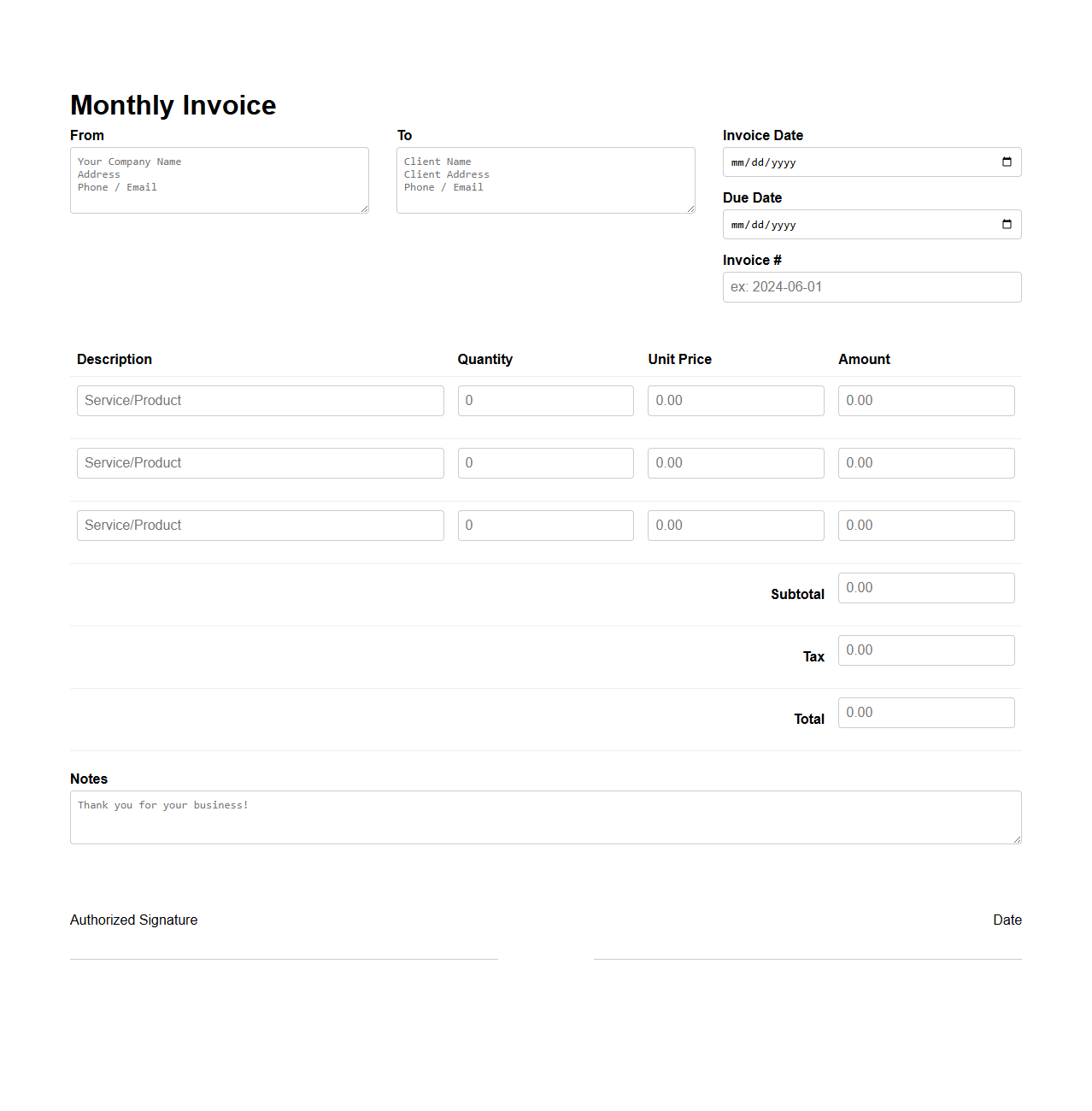Customizable Monthly Invoice Blank