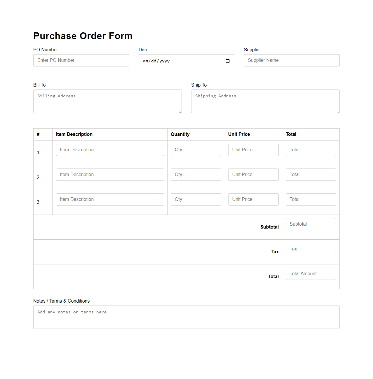 Customizable Purchase Order Form Layout