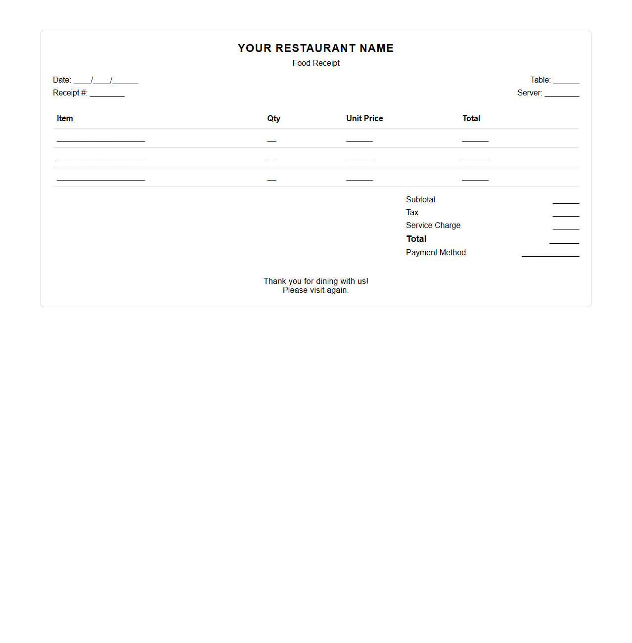 Customizable Restaurant Food Bill Receipt