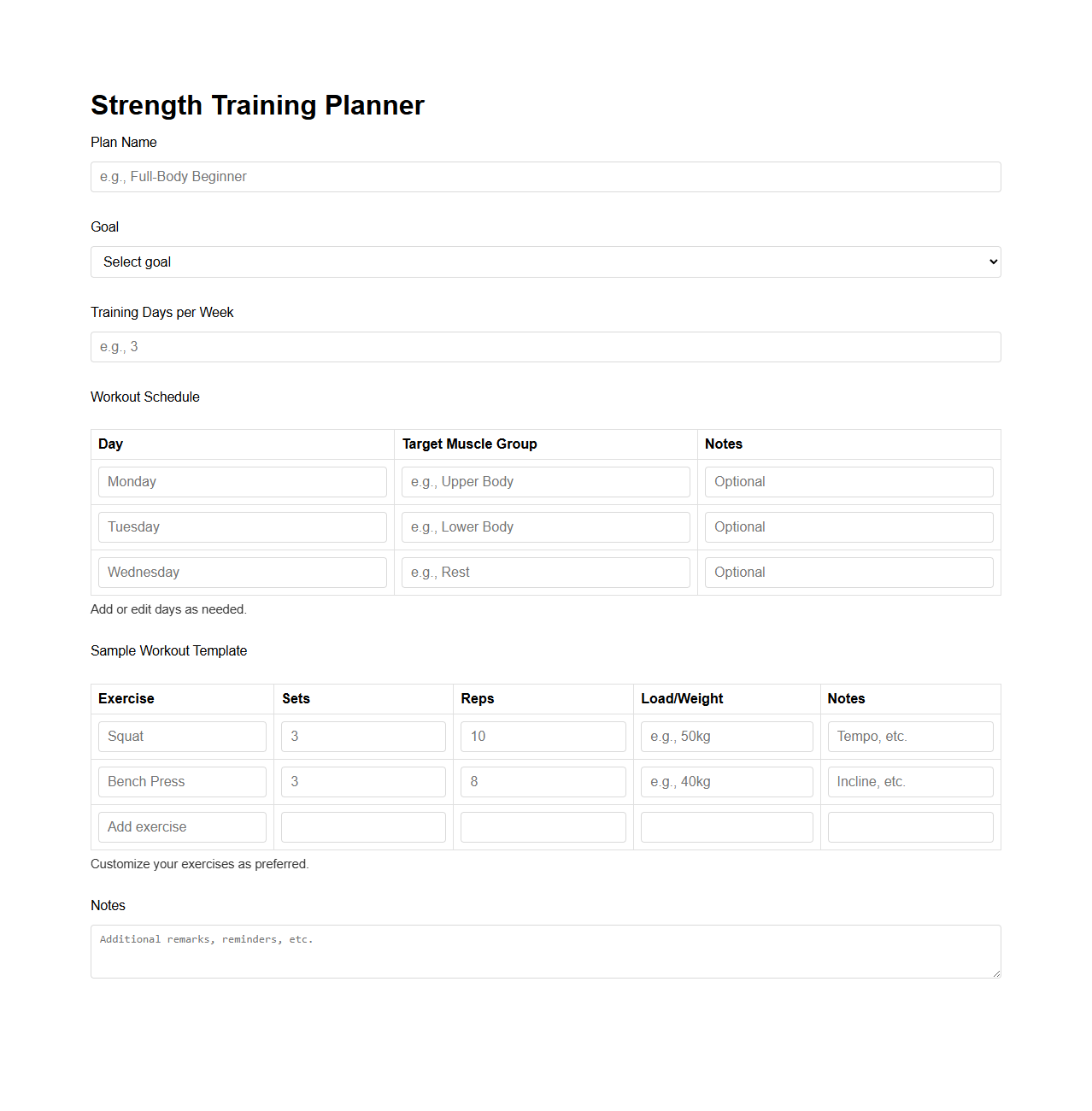 Customizable Strength Training Planner
