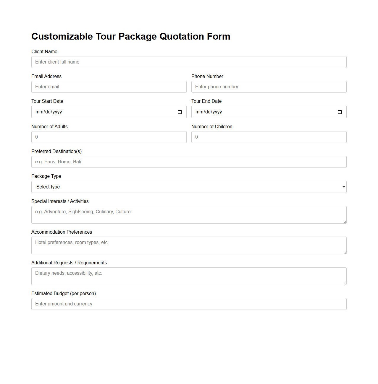 Customizable Tour Package Quotation Form