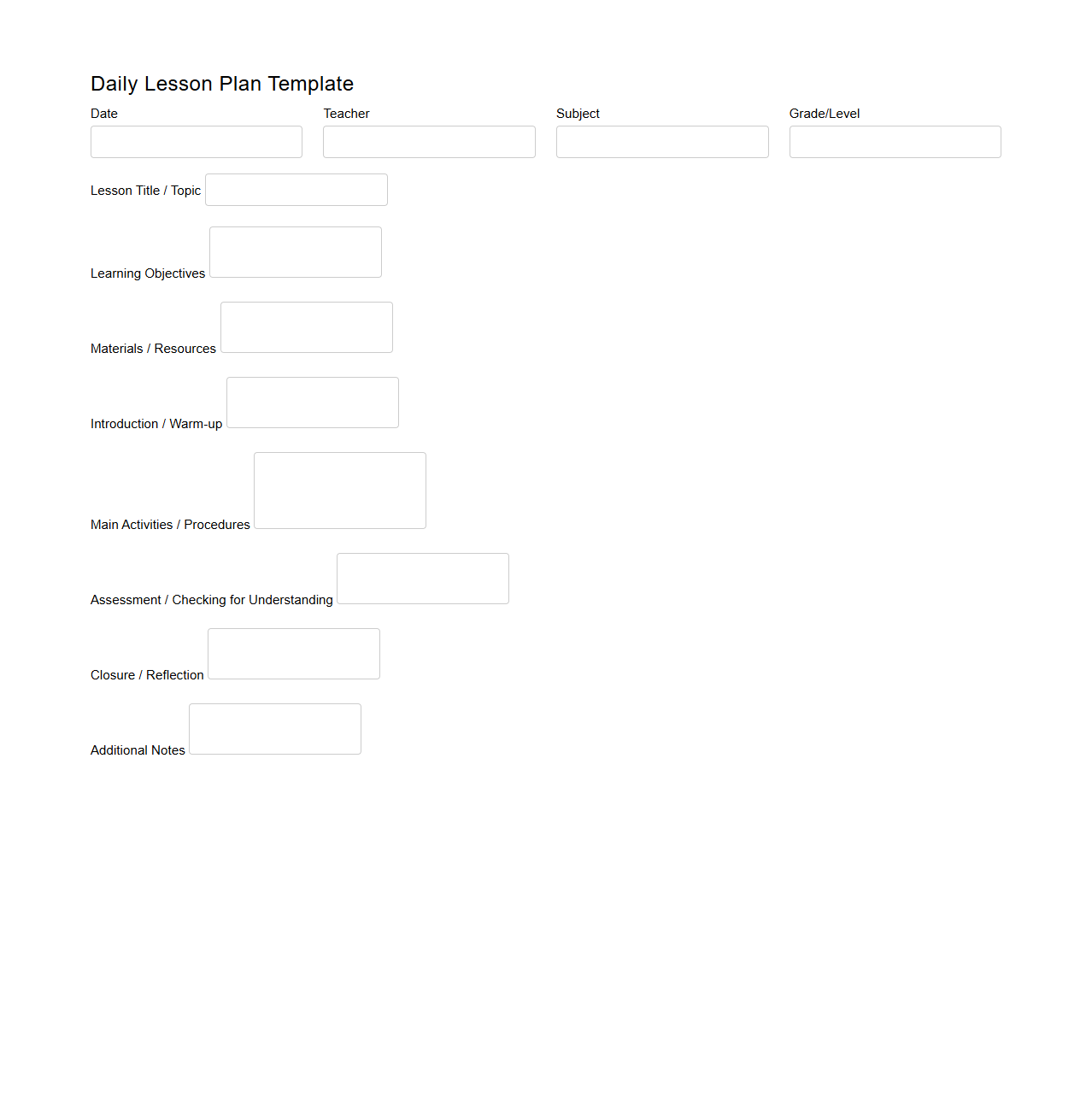 Daily Blank Lesson Plan Template for Teachers