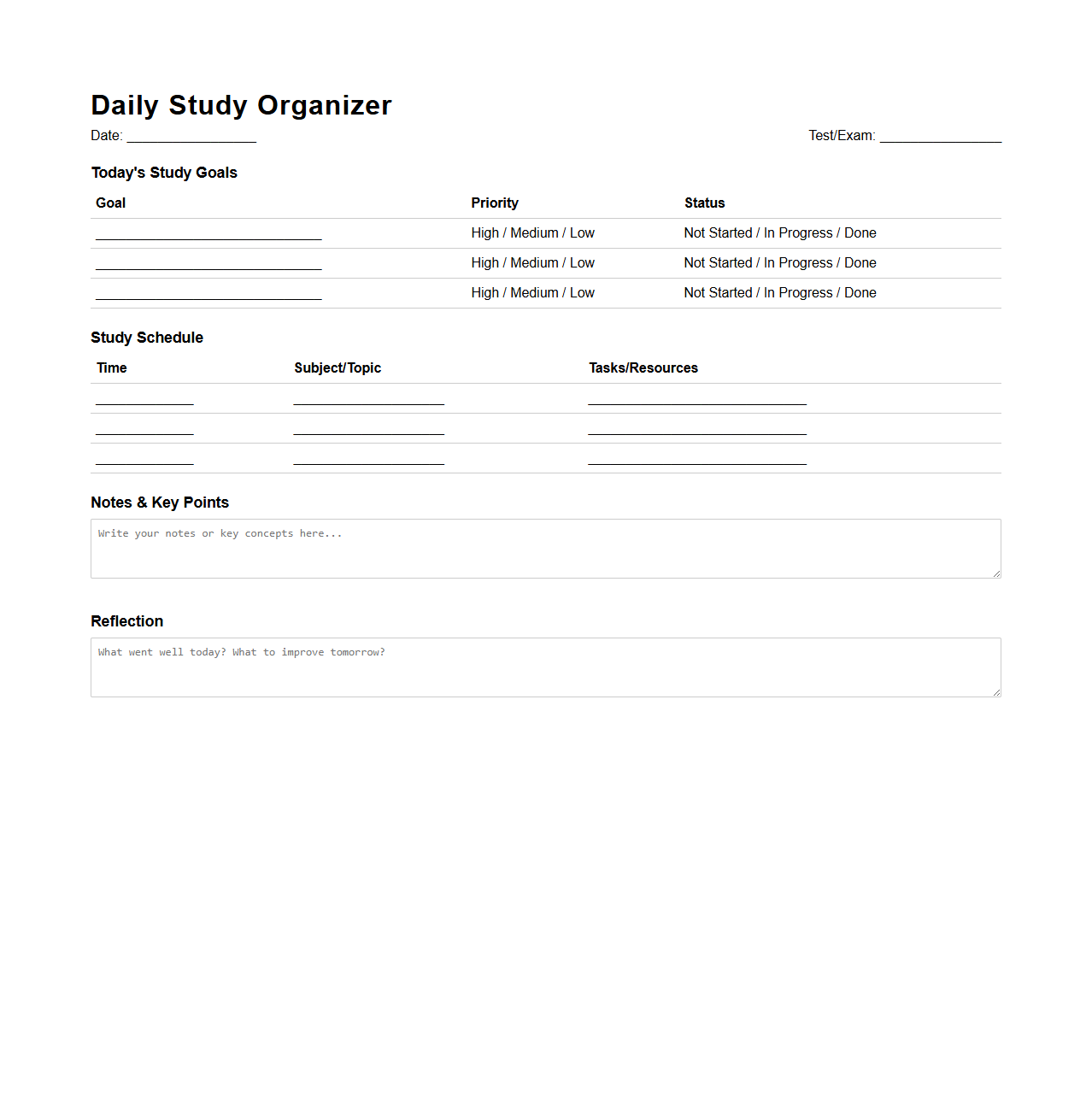 Daily Study Organizer for Test Prep