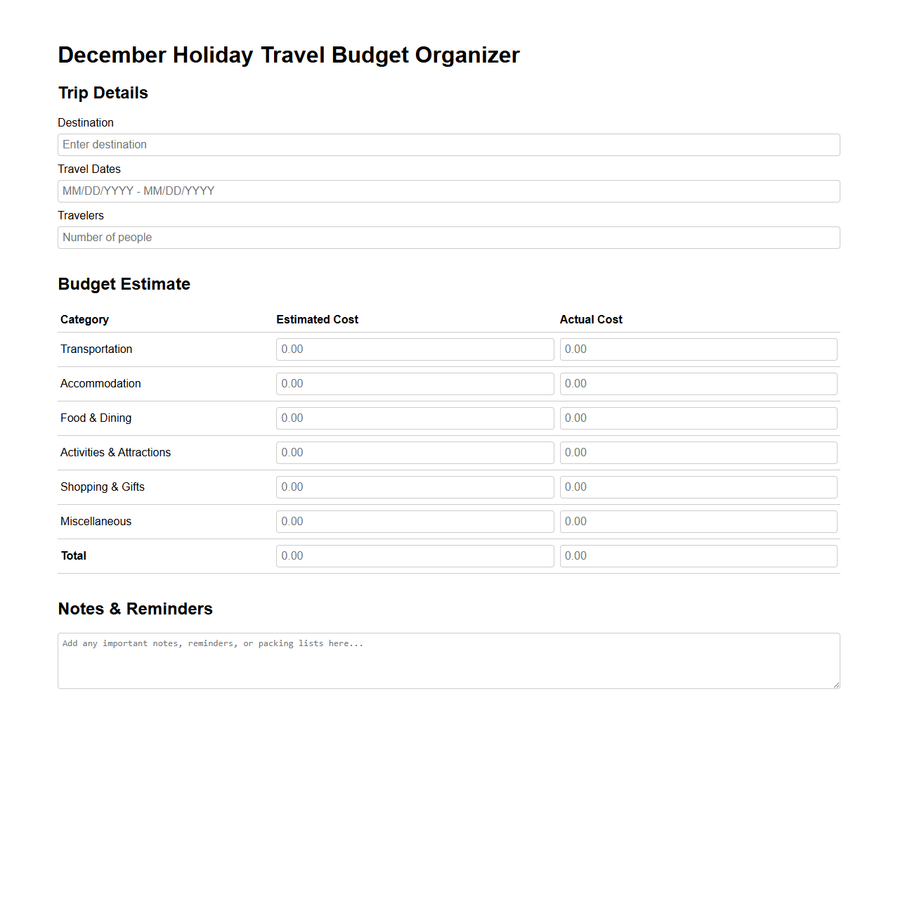 December Holiday Travel Budget Organizer