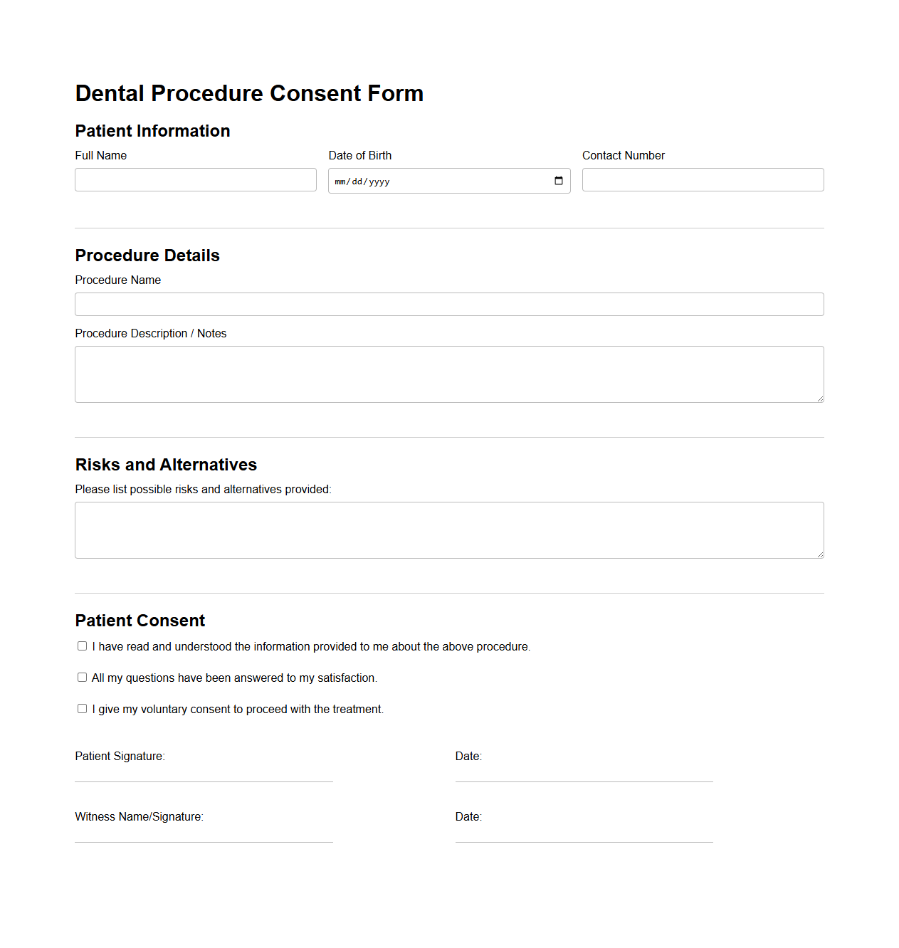 Dental Procedure Consent Form Template