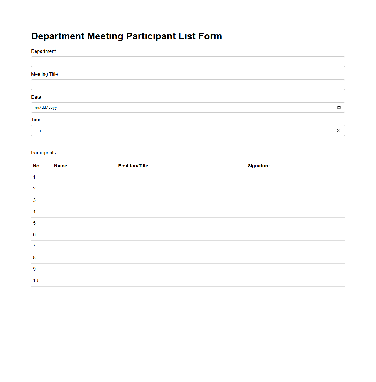 Department Meeting Participant List Form