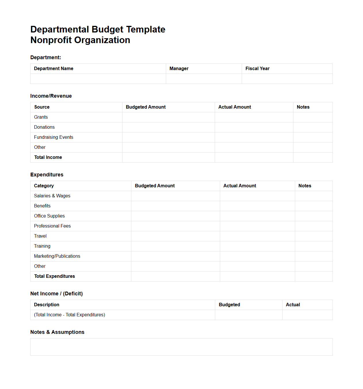 Departmental Budget Template for Nonprofit Organizations