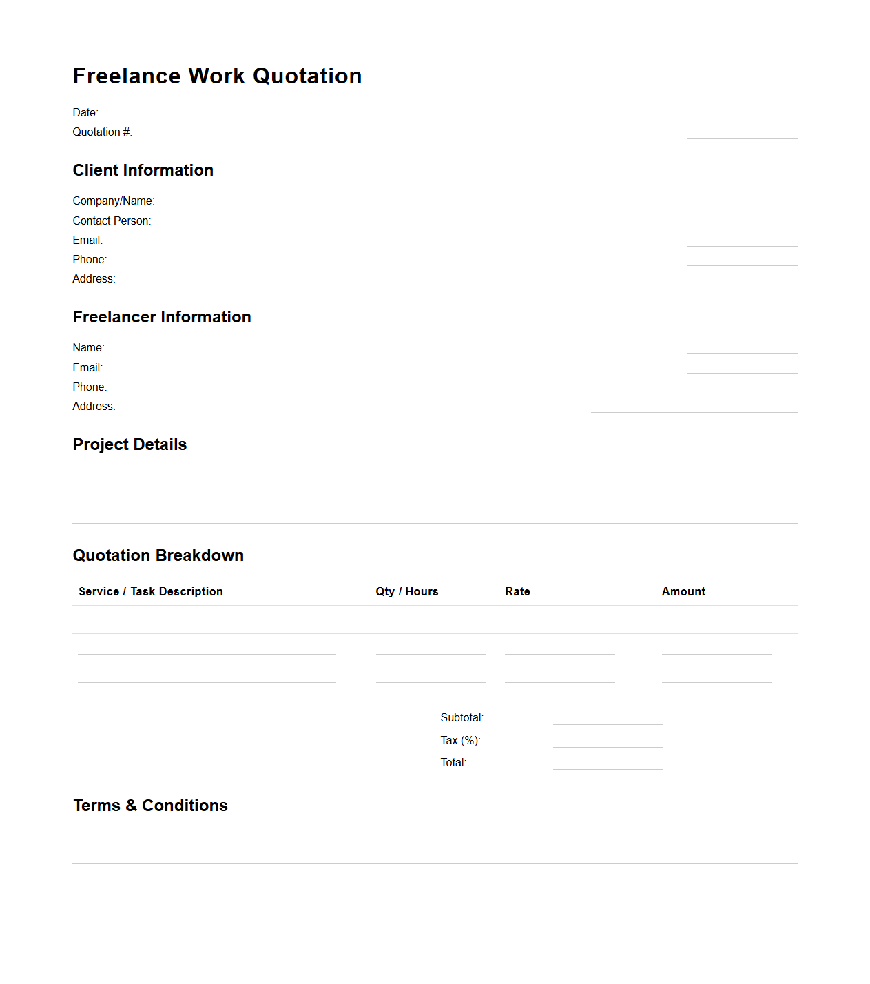 Detailed Freelance Work Quotation Template