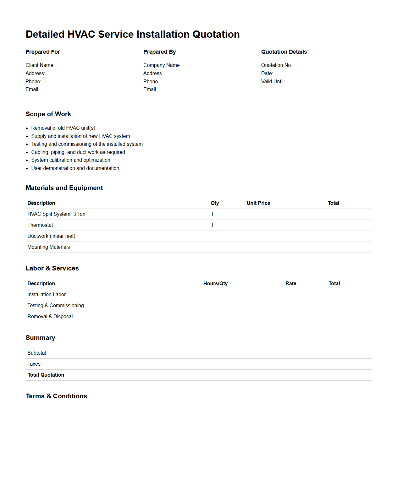 Detailed HVAC Service Installation Quotation