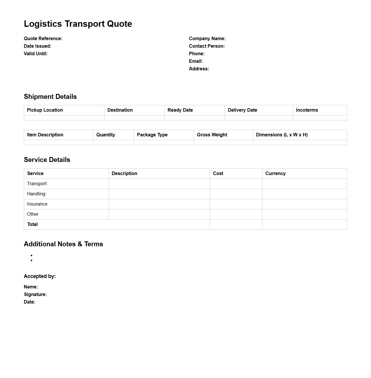 Detailed Logistics Transport Quote Document