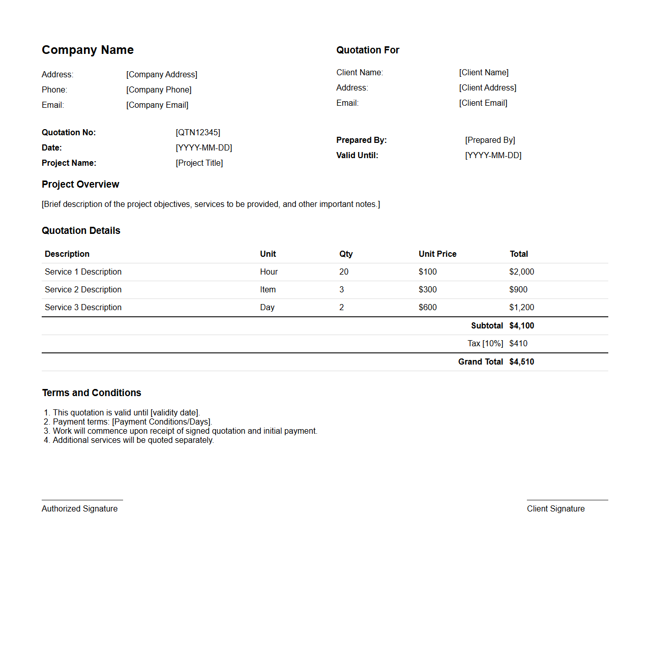 Detailed Project Service Quotation Layout