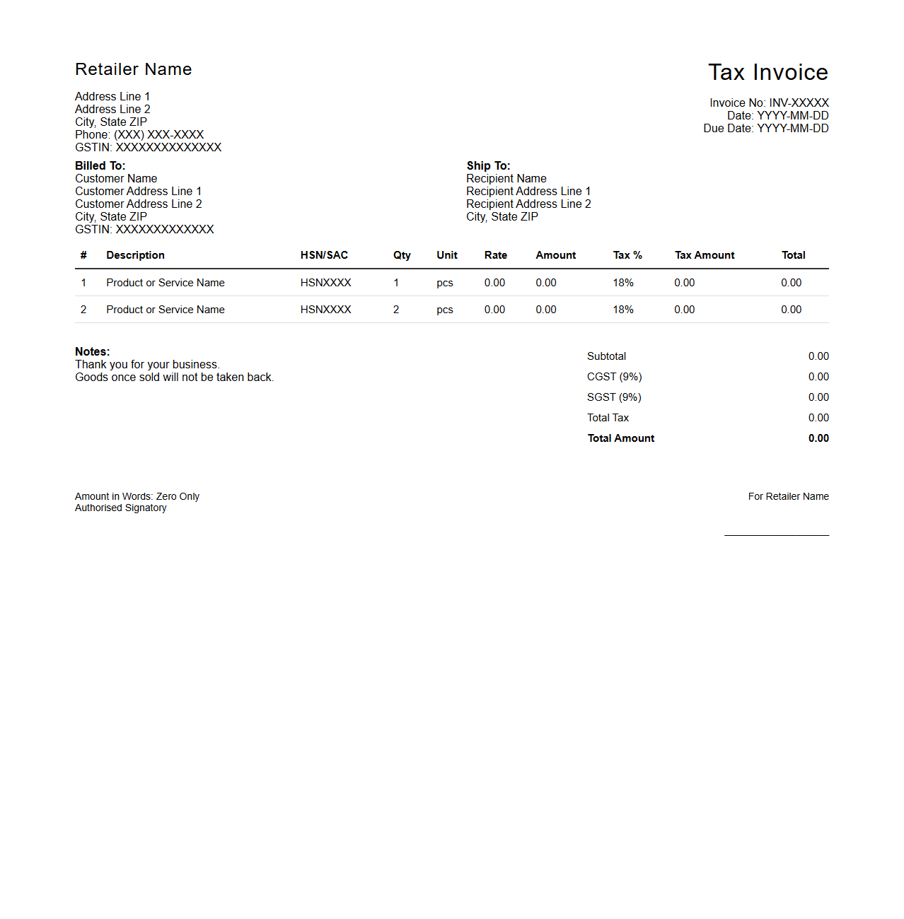 Detailed Tax Invoice Layout for Retail