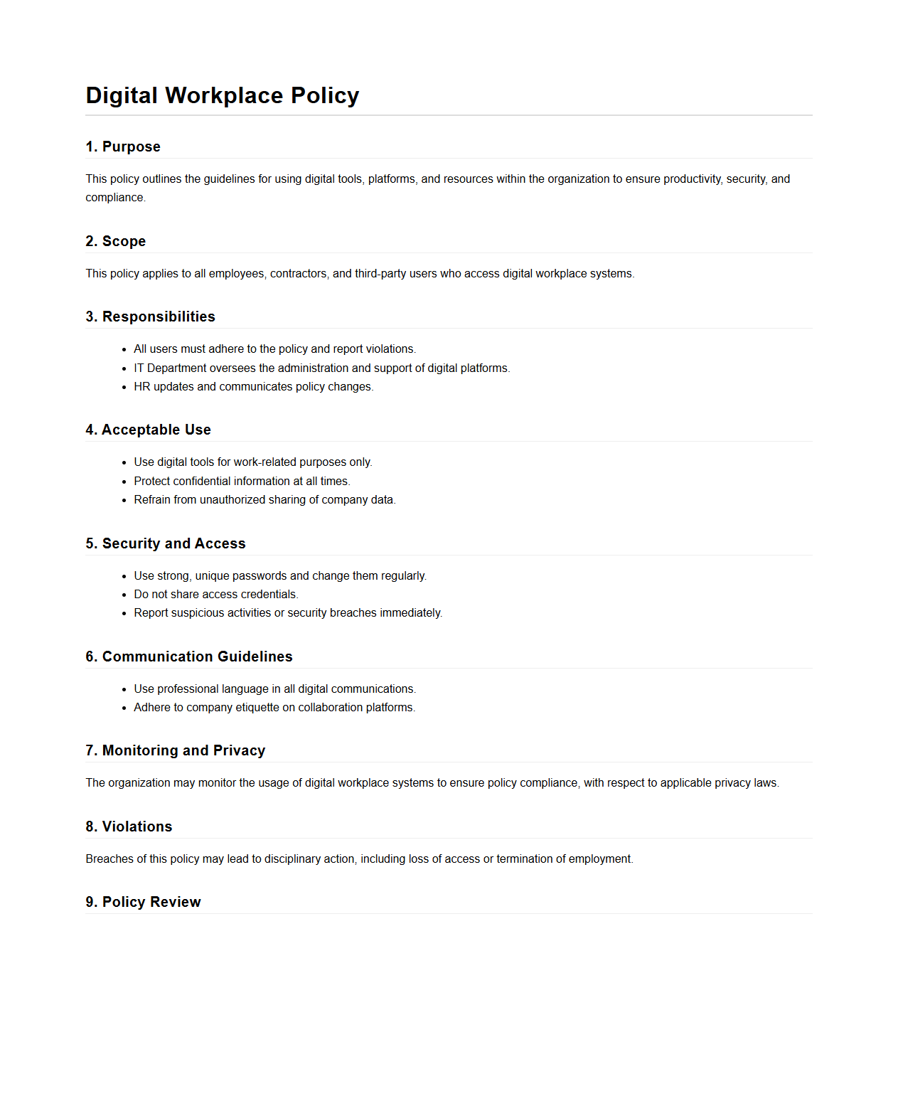 Digital Workplace Policy Format