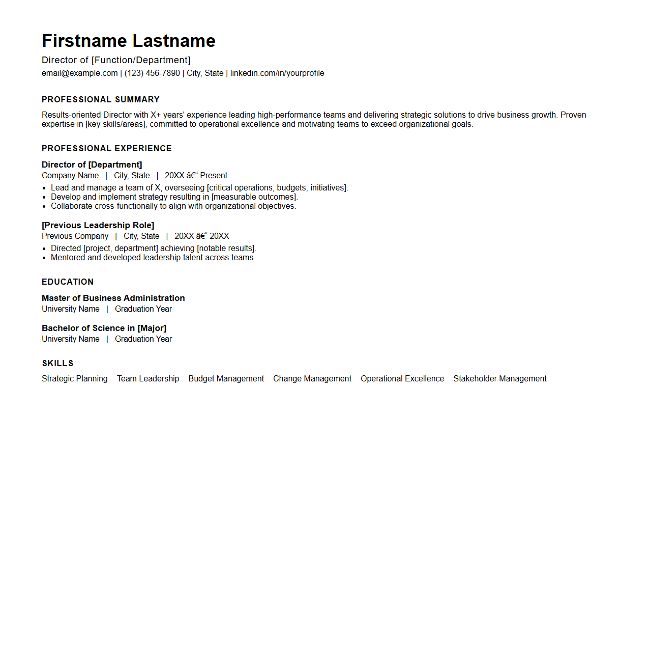 Director Level Resume Layout