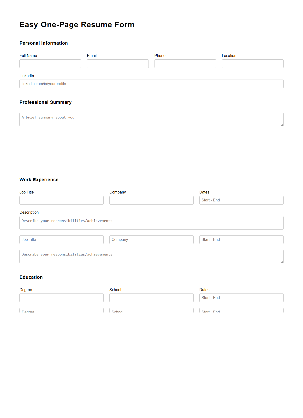 Easy-to-Complete One-Page Resume Form
