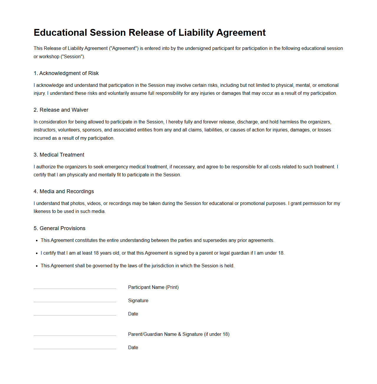Educational Session Release of Liability Agreement