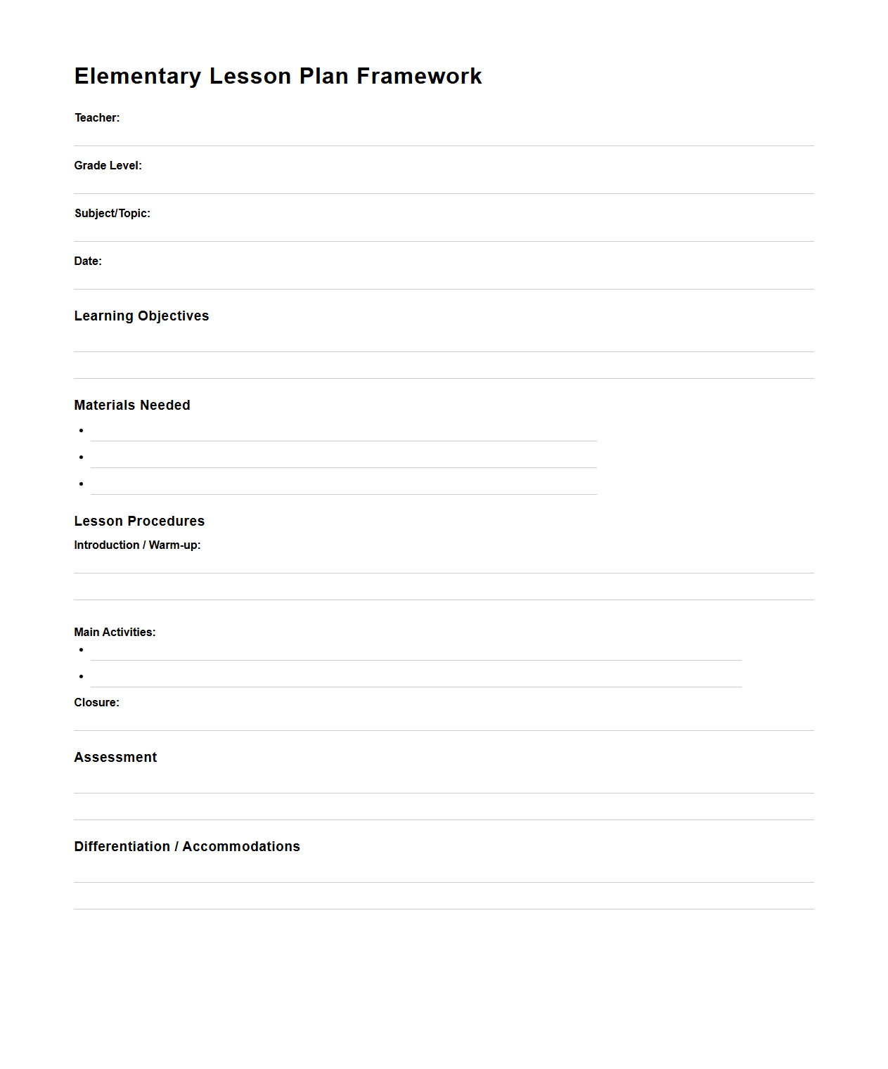 Elementary Lesson Plan Framework for Teachers