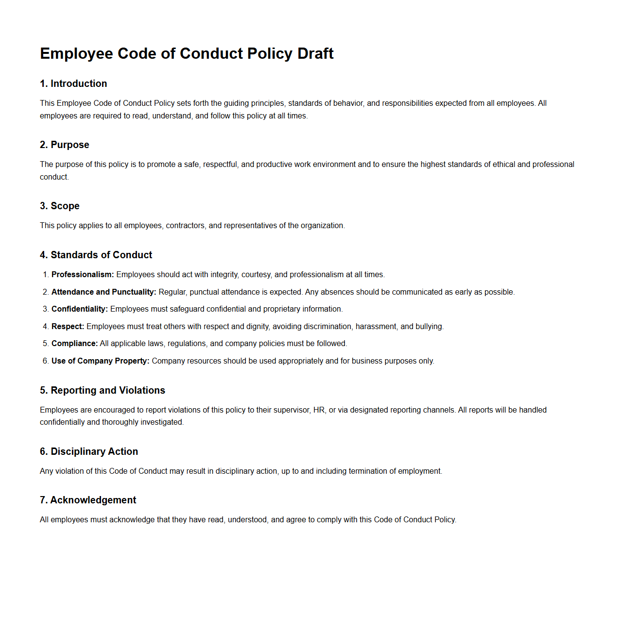 Employee Code of Conduct Policy Draft