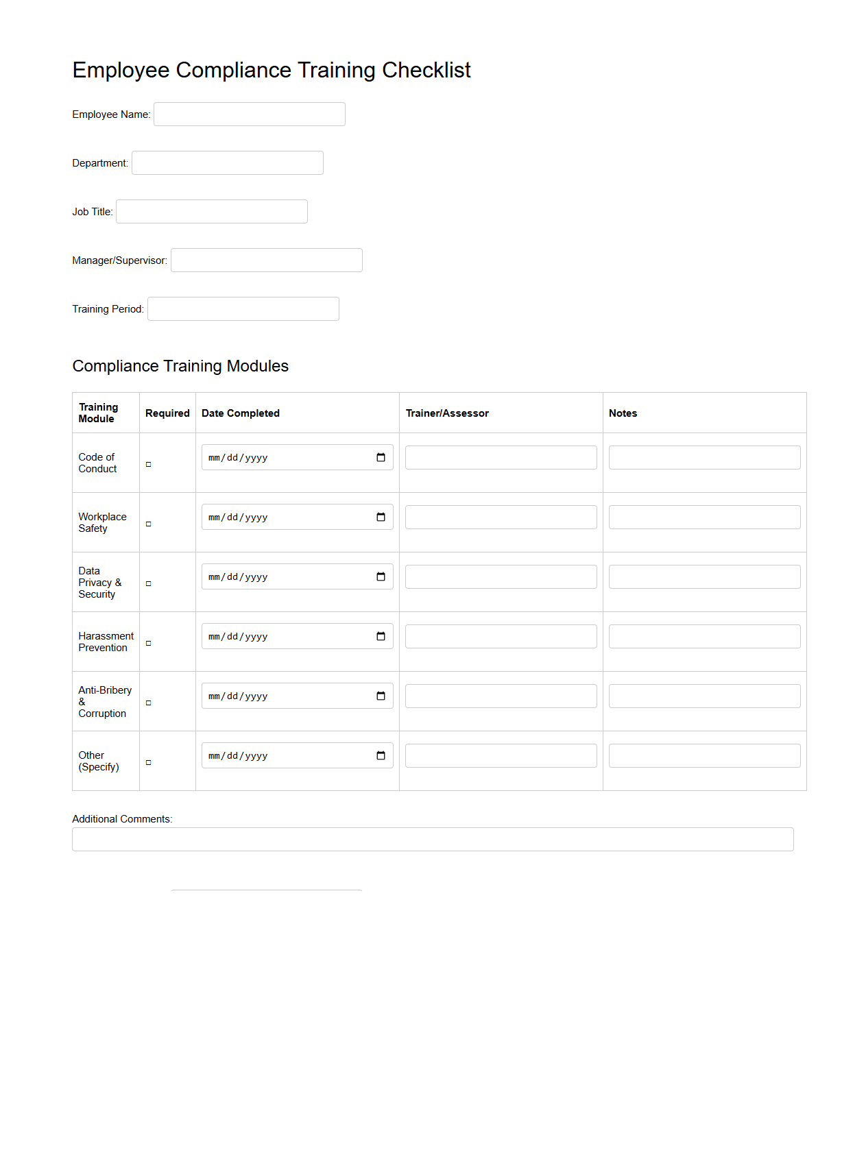 Employee Compliance Training Checklist Template