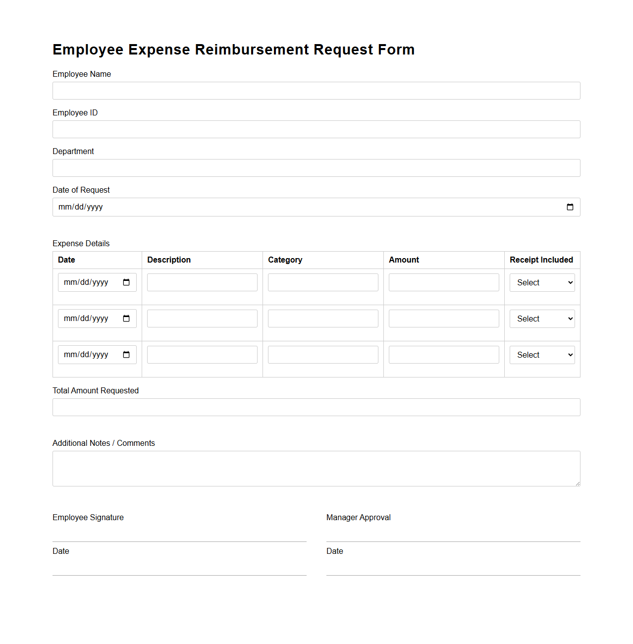Employee Expense Reimbursement Request Form Template