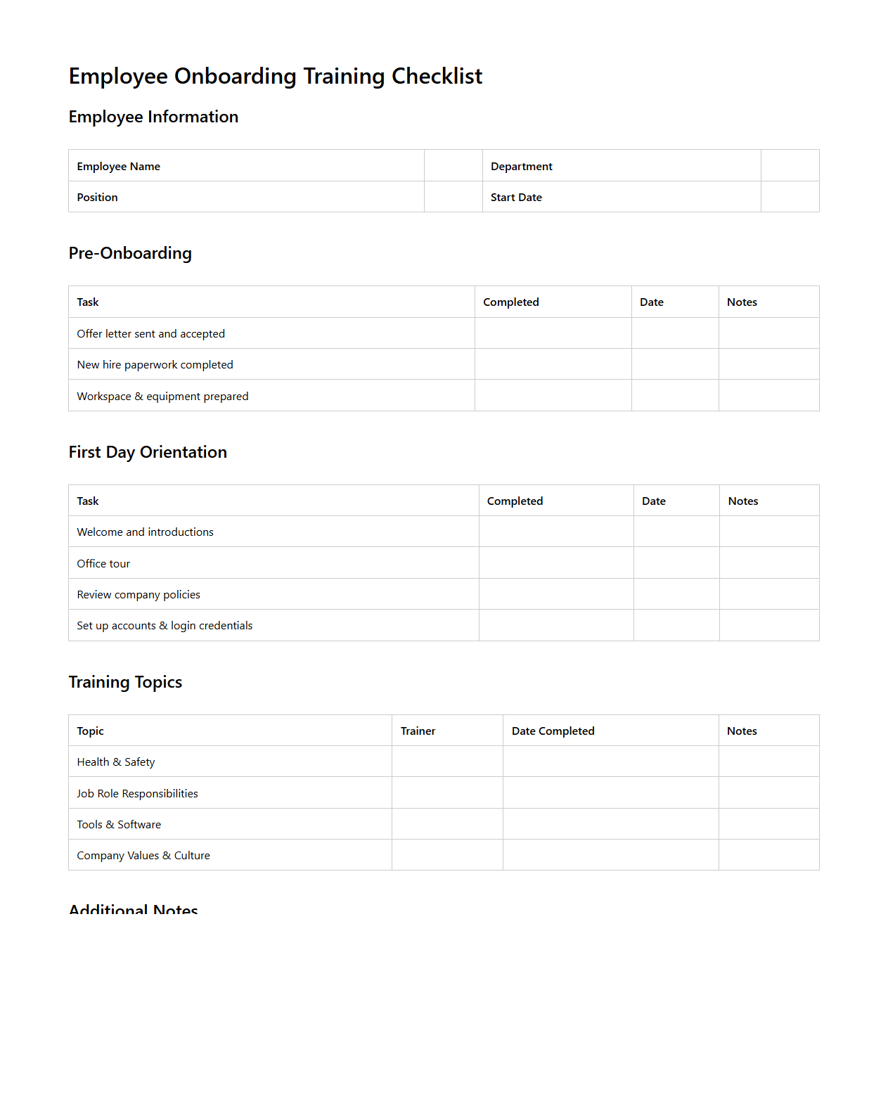 Employee Onboarding Training Checklist Template
