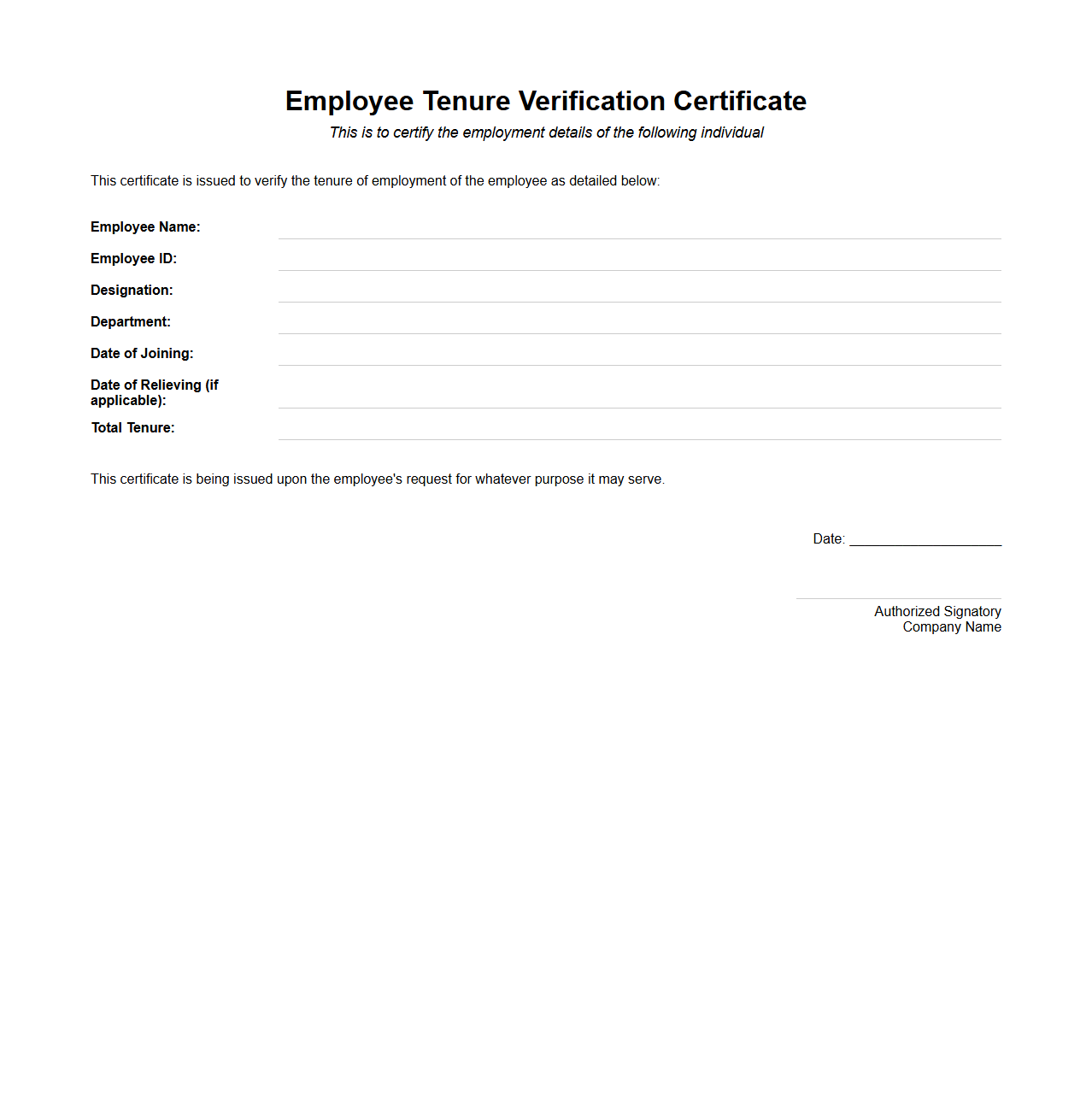 Employee Tenure Verification Certificate