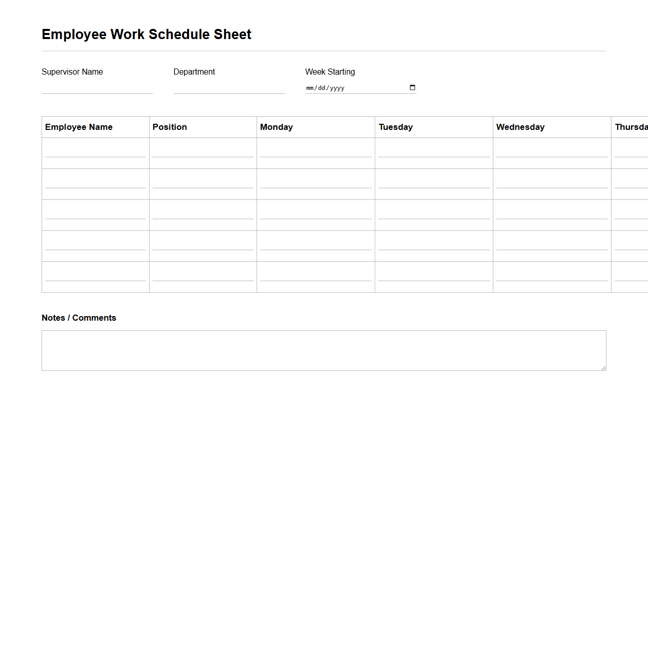 Employee Work Schedule Sheet for Supervisors