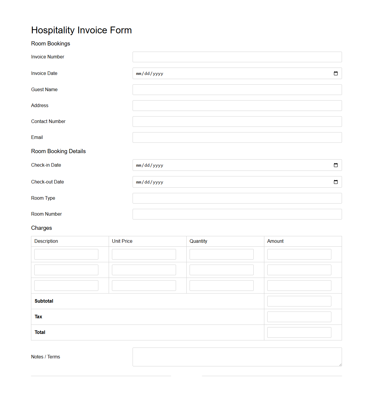 Empty Hospitality Invoice Form for Room Bookings