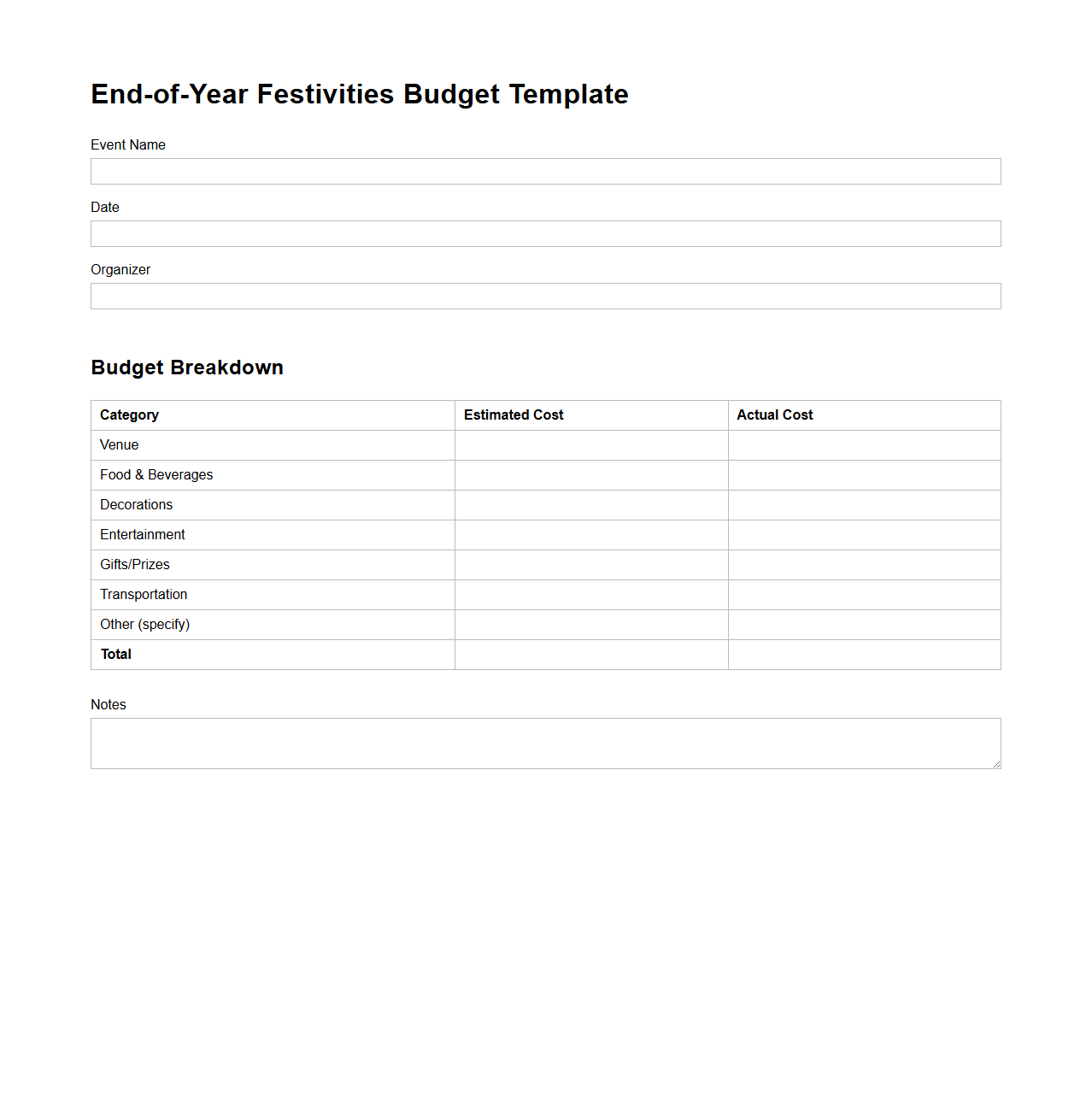 End-of-Year Festivities Budget Template