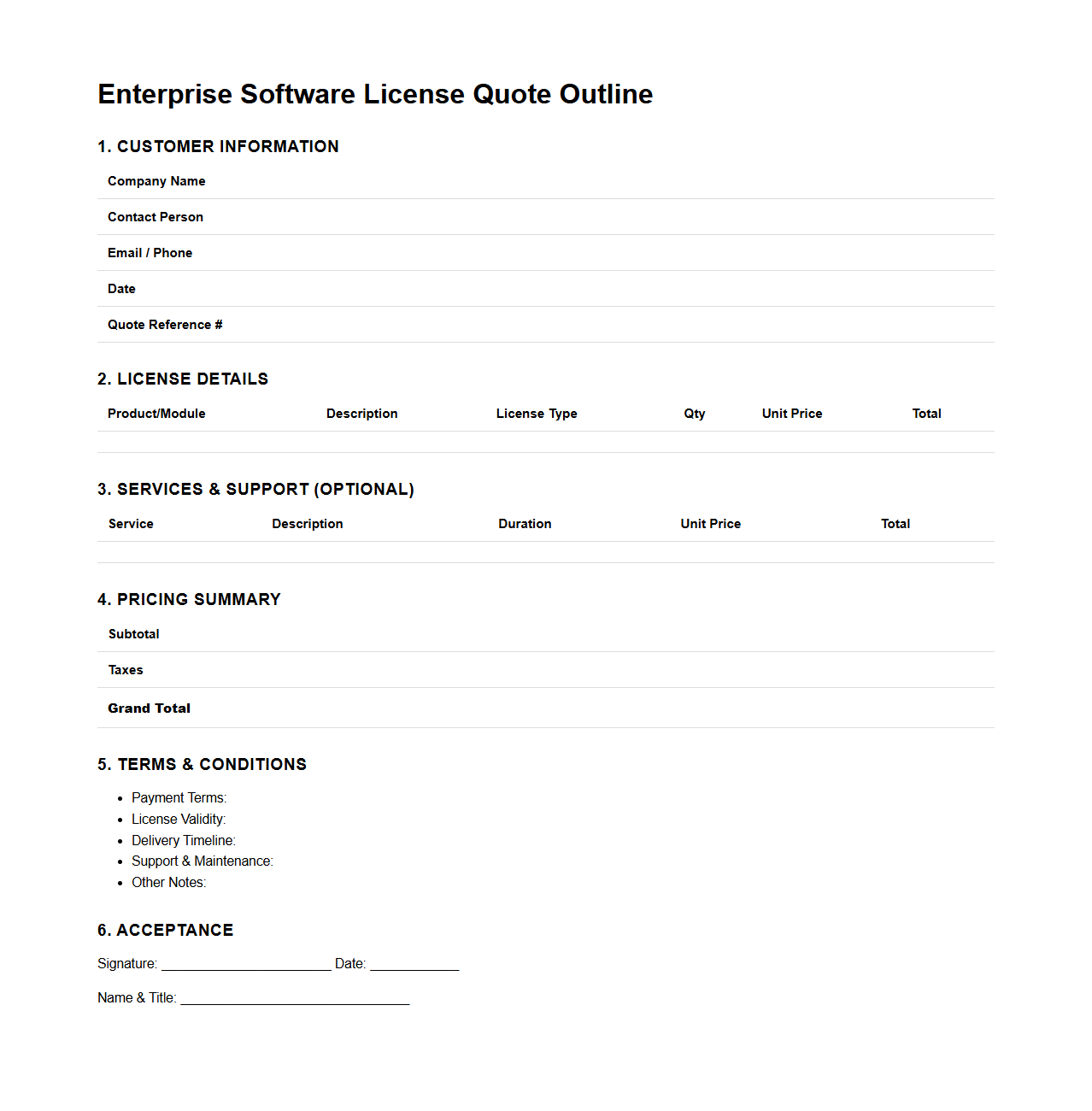 Enterprise Software License Quote Outline