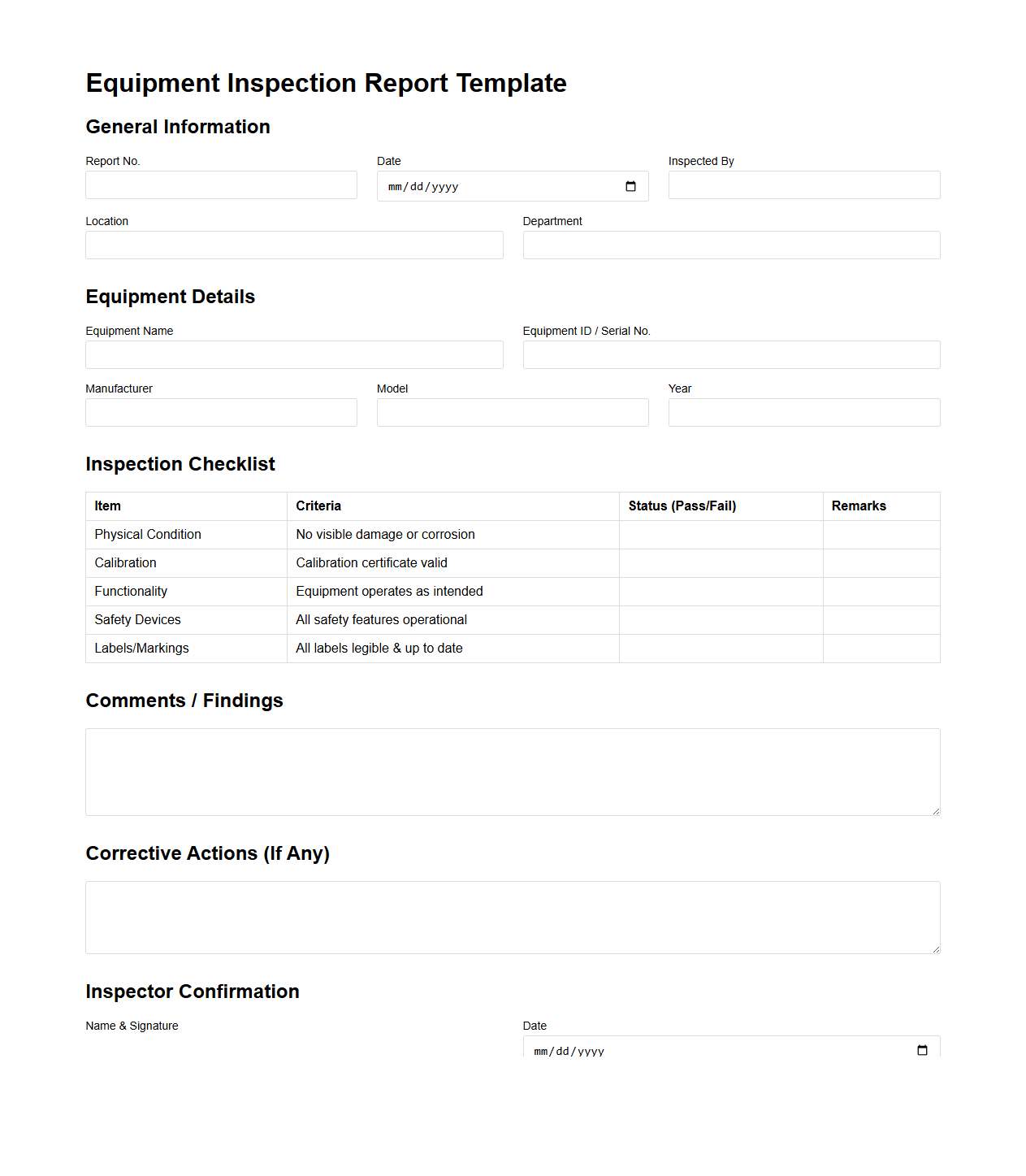 Equipment Inspection Report Template for Quality Compliance