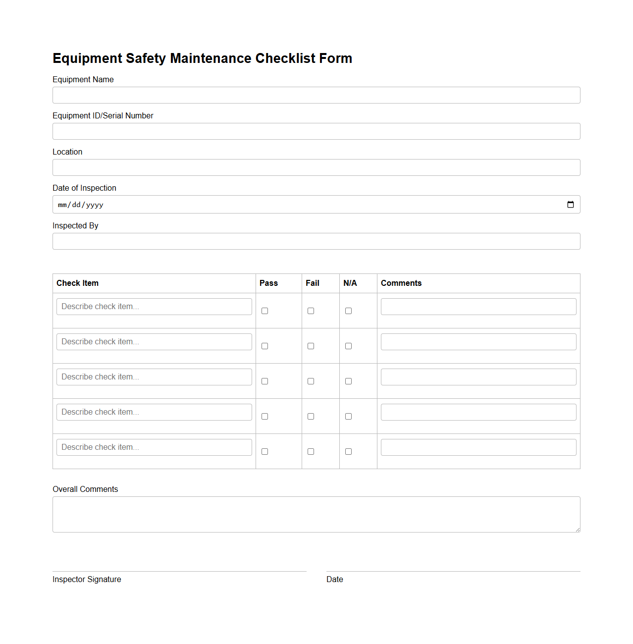 Equipment Safety Maintenance Checklist Form