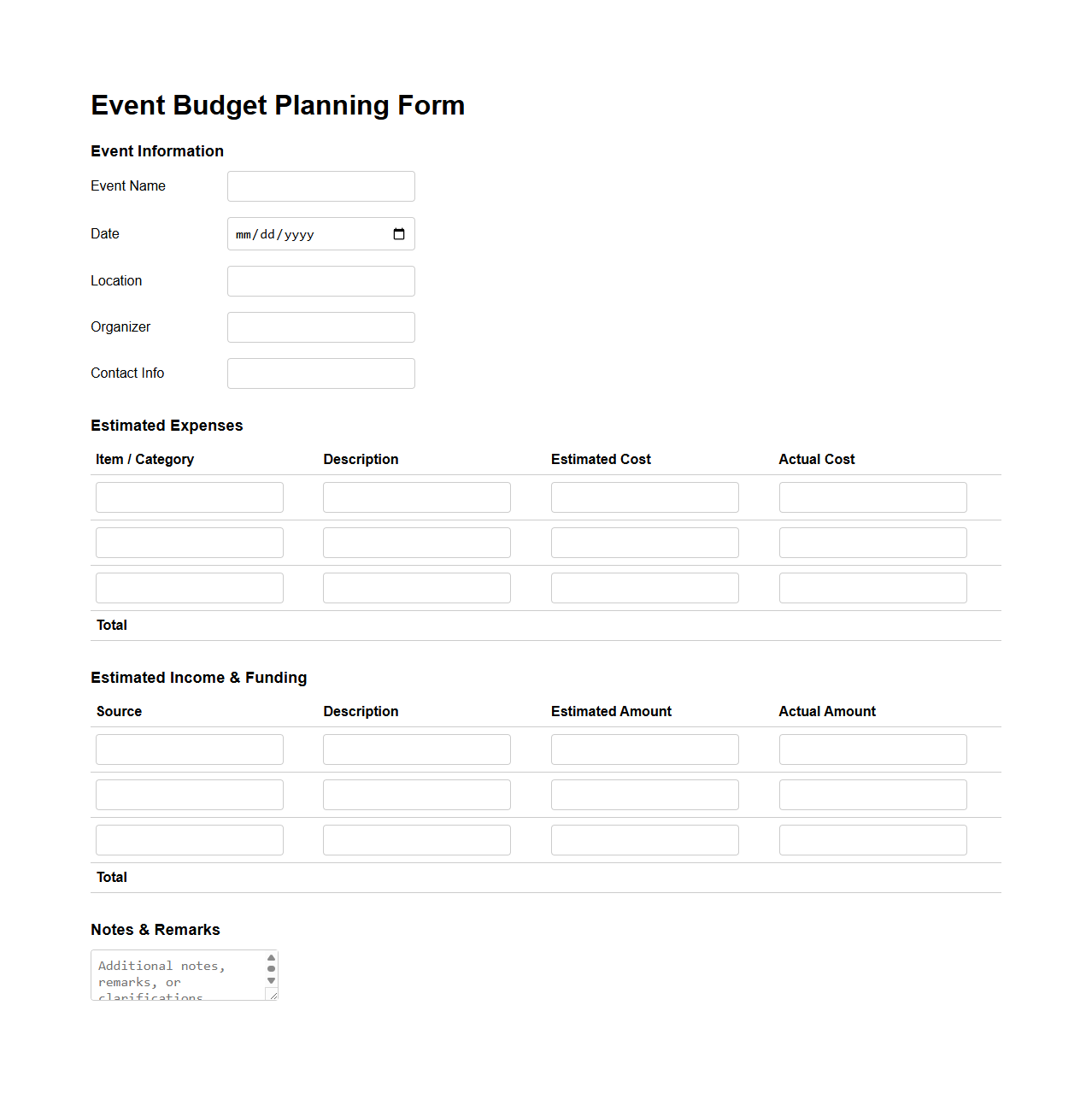 Event Budget Planning Form for Organizers