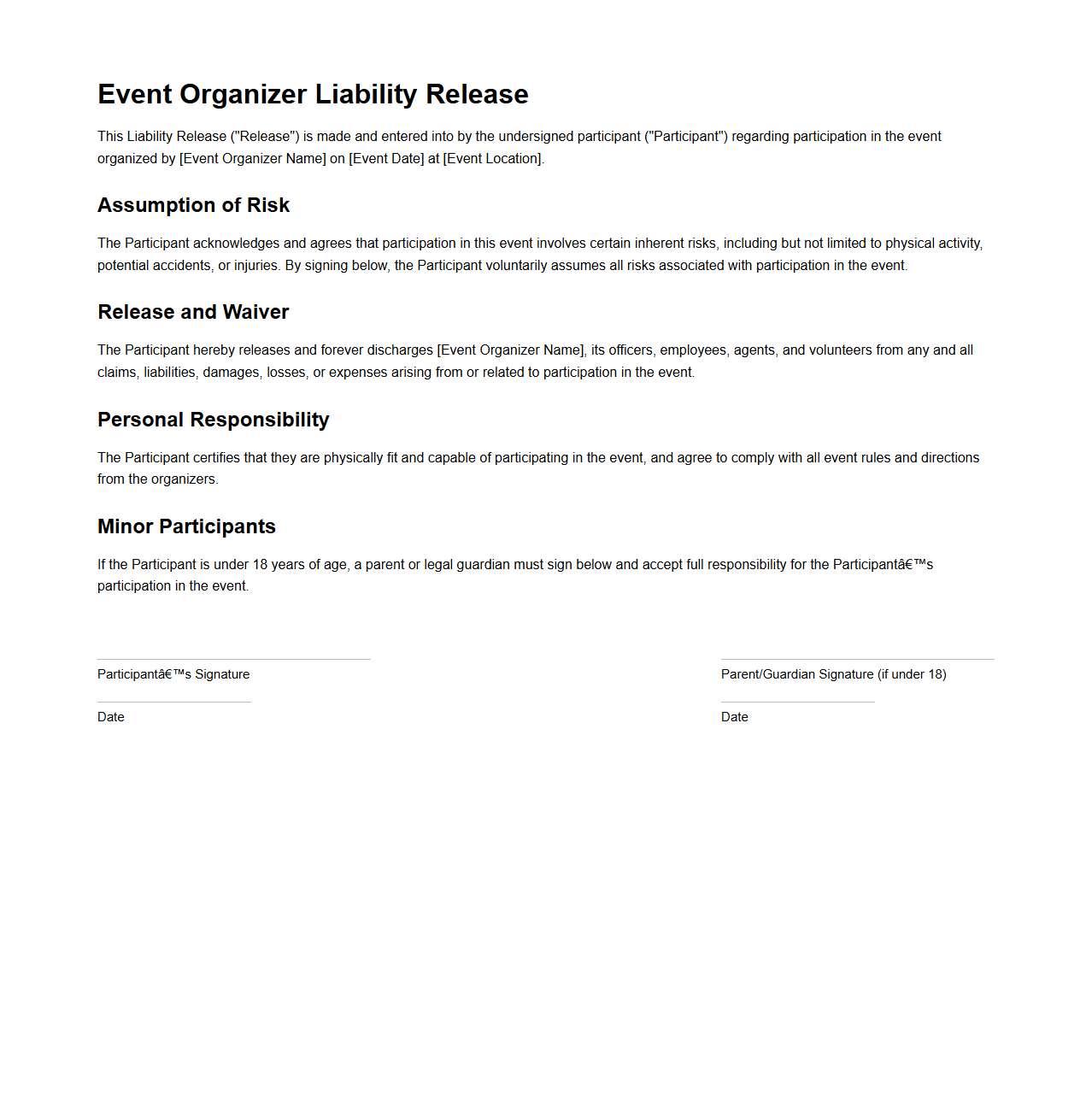 Event Organizer Liability Release Document