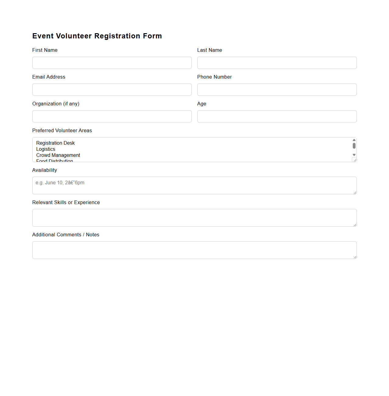 Event Volunteer Registration Form for Organizations