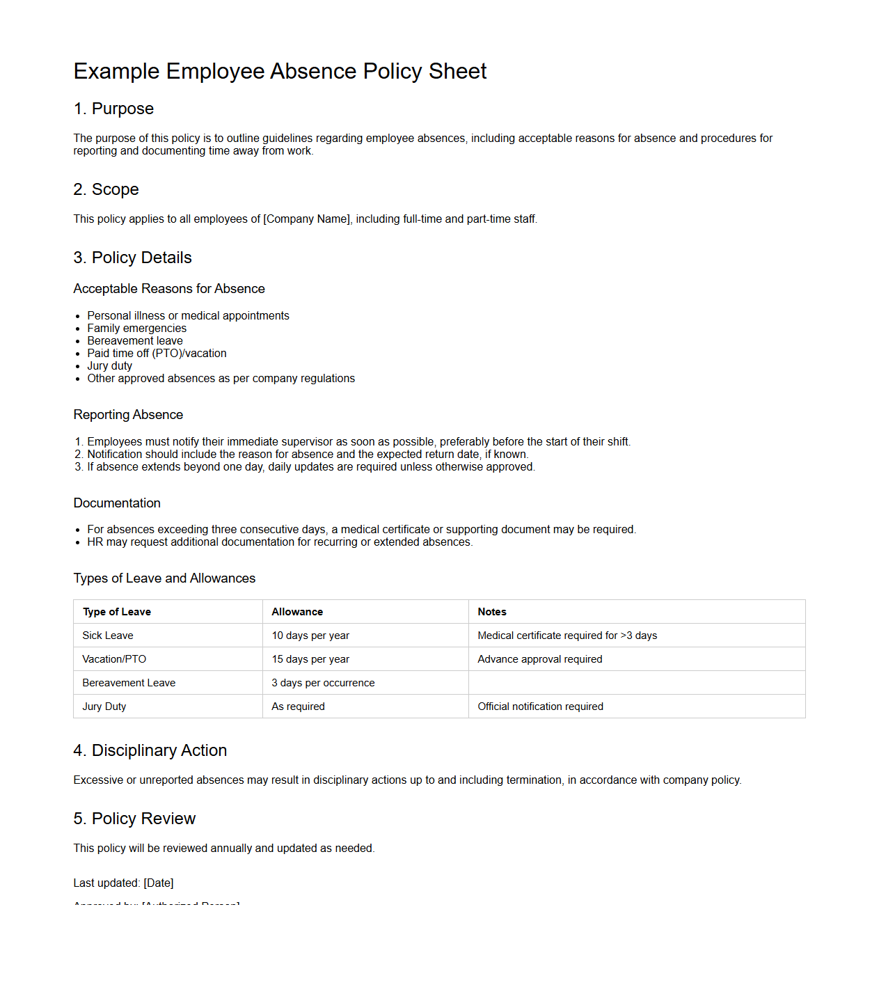 Example Employee Absence Policy Sheet for HR