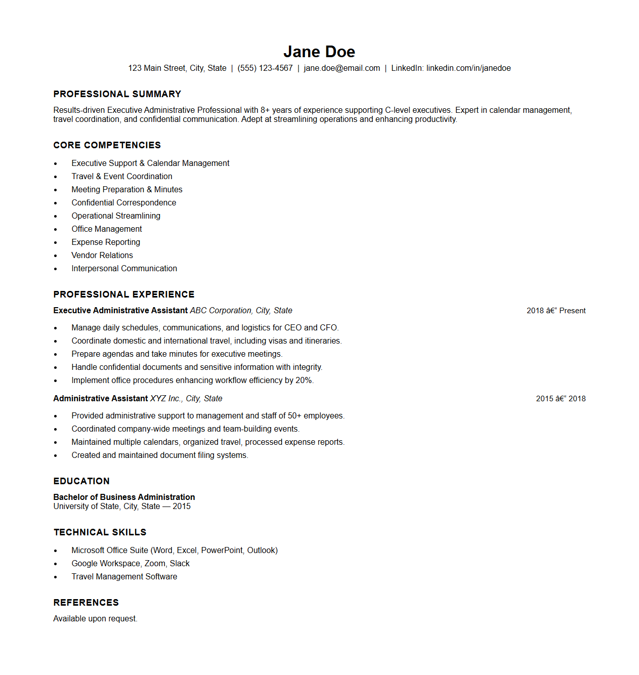 Executive Administrative Resume Sample