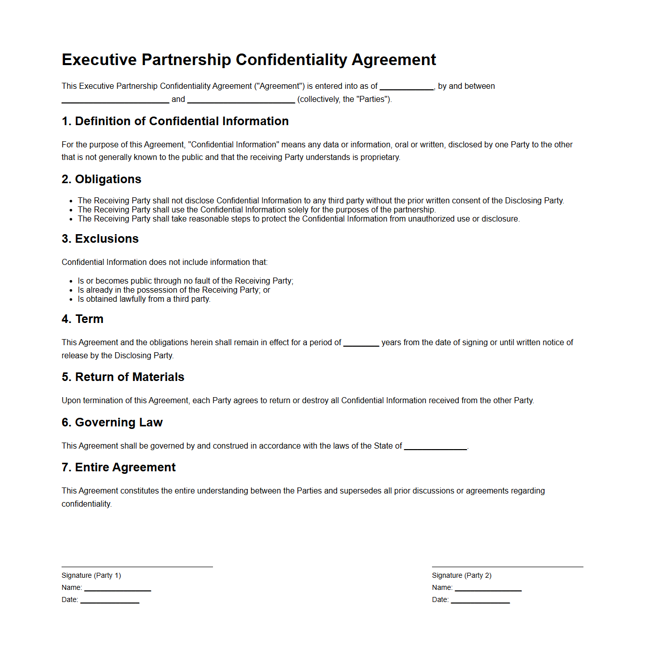 Executive Partnership Confidentiality Agreement